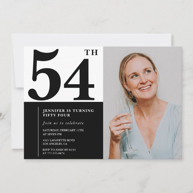 Black White Photo 54th Birthday Invitations (Front)