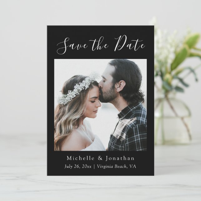 Black & White Photo Bible Verse Christian Wedding Save The Date (Standing Front)