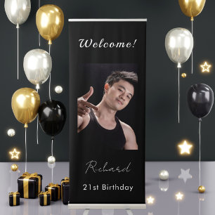 Black white photo birthday party welcome retractable banner