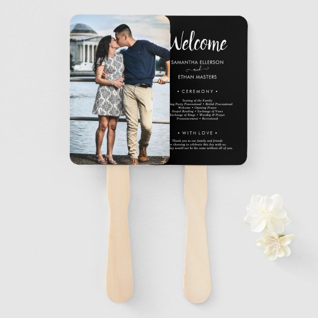 Black & White Photo Classic Custom Wedding Program Hand Fan (Front and Back)