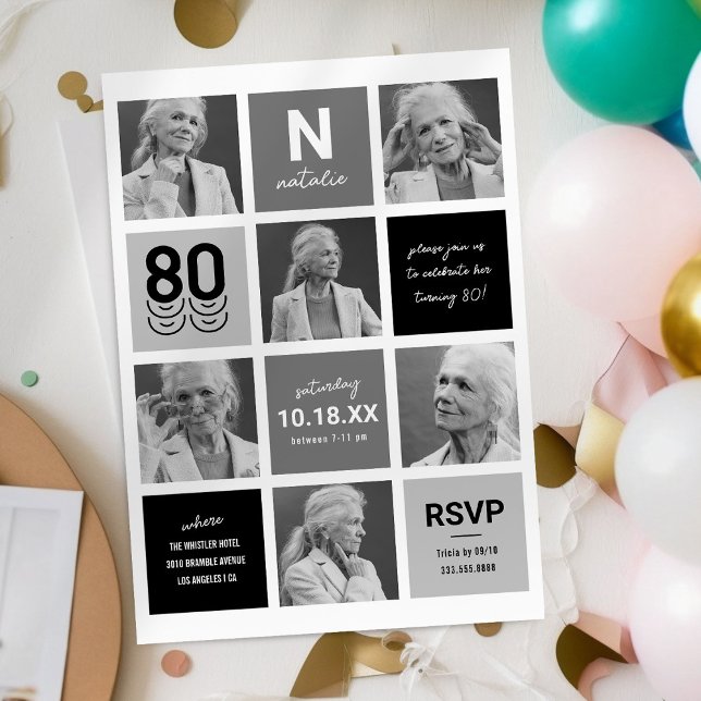 Black White Photo Collage 80th Birthday Invitation (Creator Uploaded)