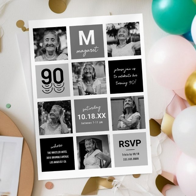 Black White Photo Collage 90th Birthday Invitation (Creator Uploaded)