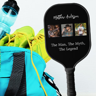 Black white photo collage man myth legend pickleball paddle