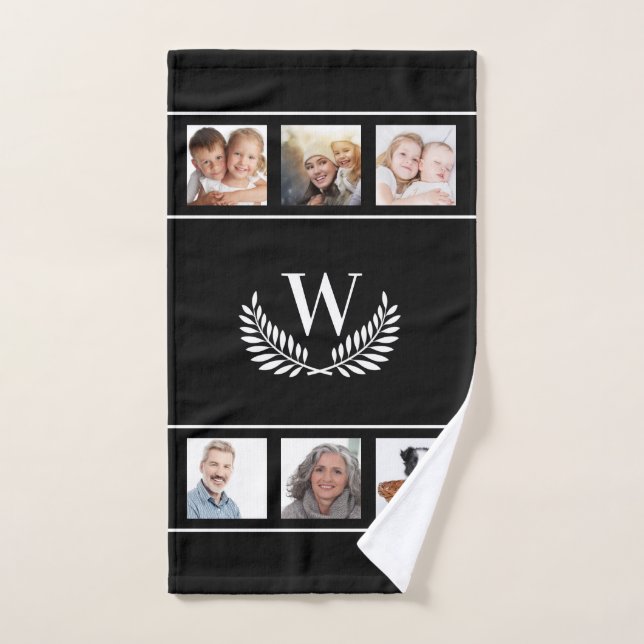Black white photo collage monogram initial classic hand towel (Hand Towel)