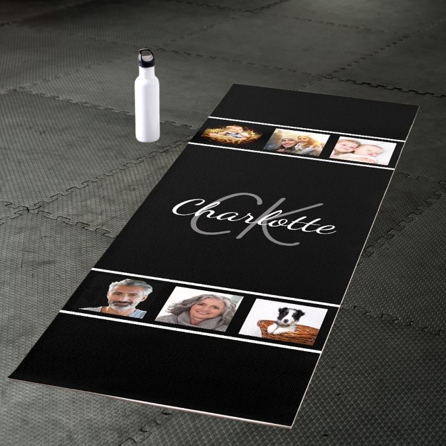 Black white photo collage monogram script yoga mat (Creator Uploaded)