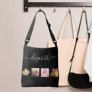 Black white photo collage name script crossbody bag