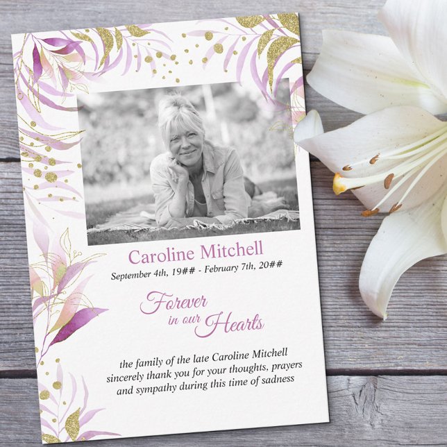 Black & White Photo Delicate Pink and Gold Foliage Thank You Card (Creator Uploaded)