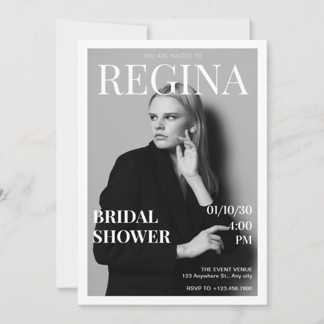 Black white photo elegant magazine bridal shower invitation (Front)
