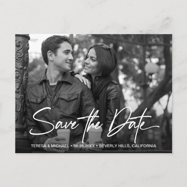 Black white Photo Engagement Save The Date script Postcard (Front)