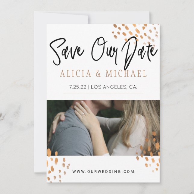 Black White PHOTO Faux Metal Gold Foil Typography Save The Date (Front)
