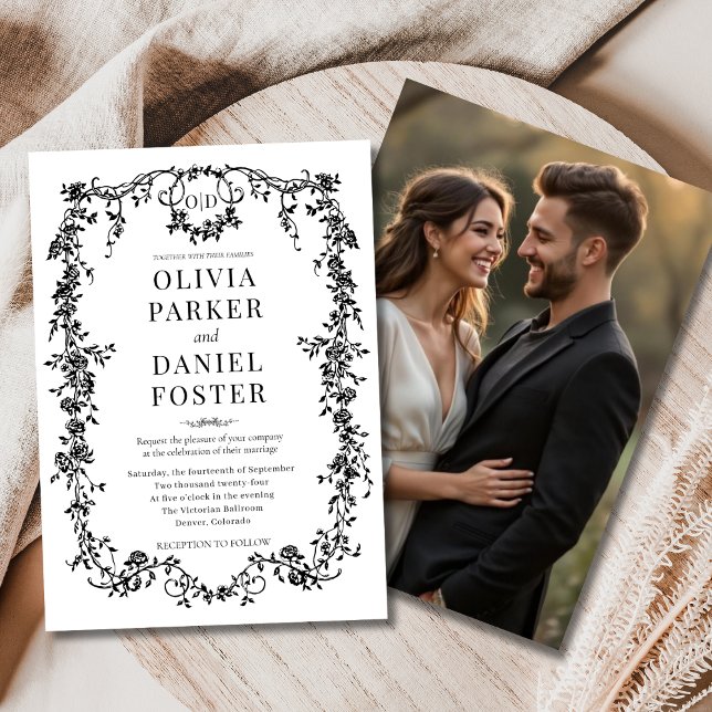 Black White Photo Floral Victorian French Wedding  Invitation (Creator Uploaded)