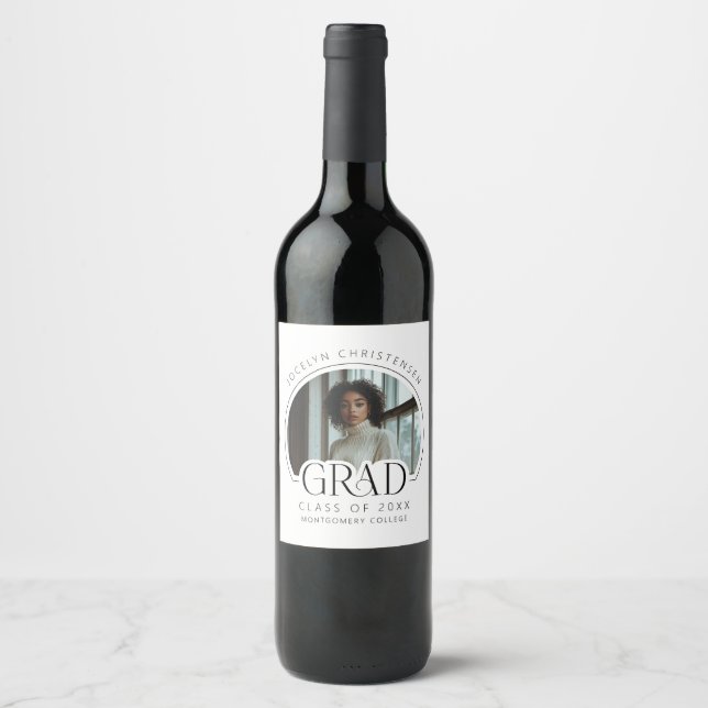 Black White Photo Grad Graduation Party Wine Label (Front)