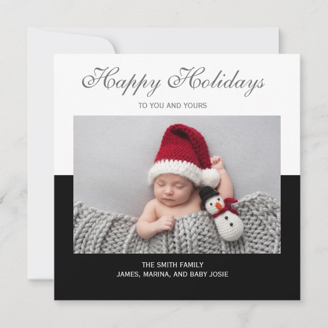 Black White Photo Happy Holiday Birth Announcement (Front)