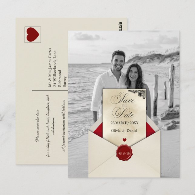 Black & White Photo Ivory Monogram Save the Date Postcard (Front/Back)