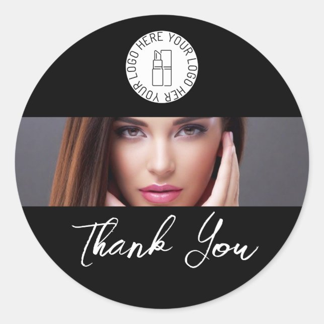 Black White Photo Makeup Logo Thank You Classic Round Sticker (Front)