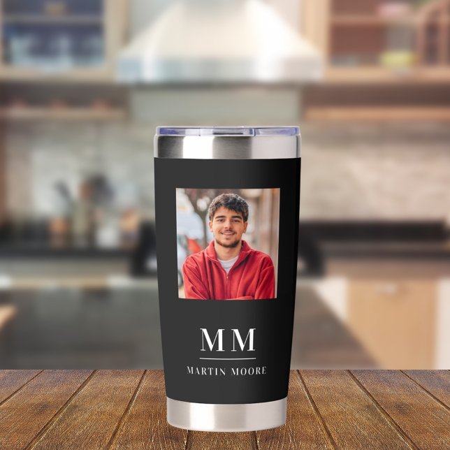 Black white photo monogram initials name guy insulated tumbler (Creator Uploaded)