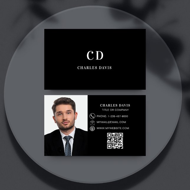 Black white photo monogram Qr code Business Card (Creator Uploaded)