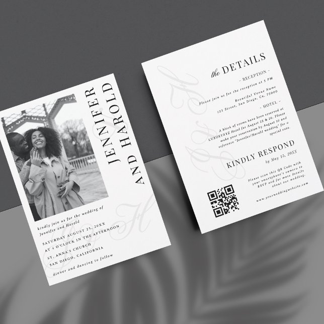 Black White Photo Monogram QR Code Wedding Invitation (Creator Uploaded)