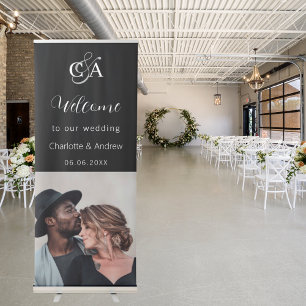 Black white photo monogram welcome wedding retractable banner