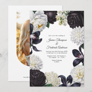 Black & White Photo/QR Code Floral Wedding Invitation