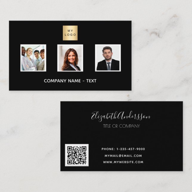 Black white photo team logo QR code Business Card (Front/Back)