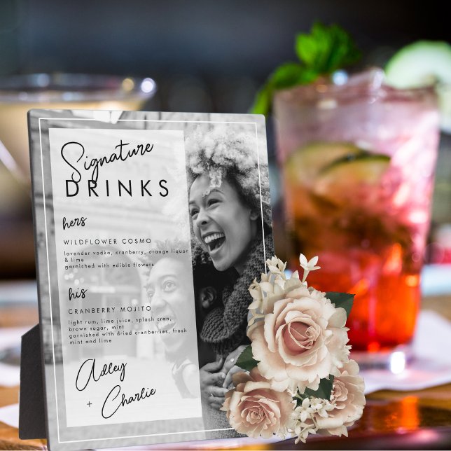 Black White Photo Wedding Couple Signature Drink Plaque (Creator Uploaded)
