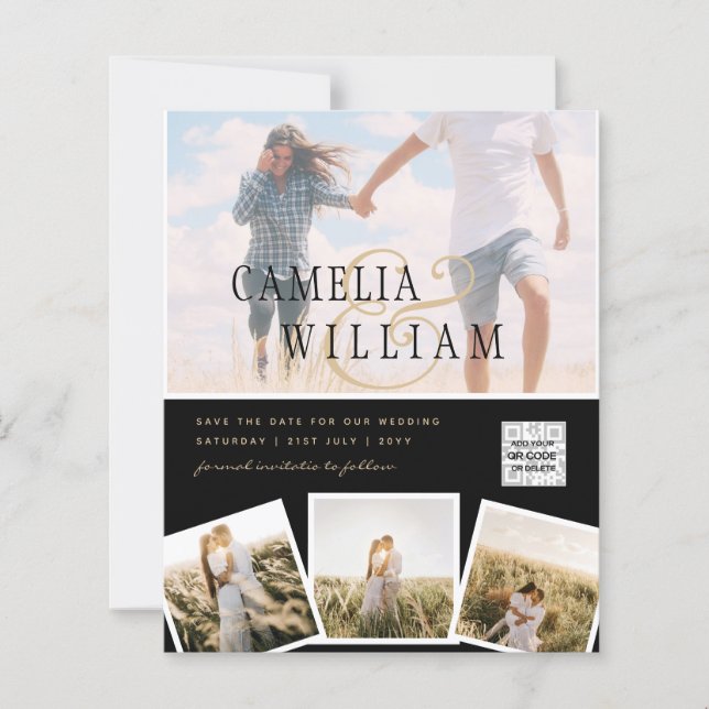 Black White PHOTO Wedding Invite QR CODE Save Date (Front)