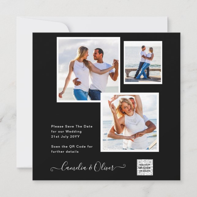 Black White PHOTO Wedding Invite QR Code Save Date (Front)