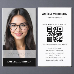Black White Photographer QR Code Photo Modern Business Card