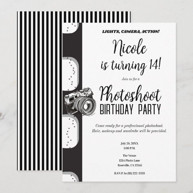 Black White Photoshoot Photography Birthday Party Invitation (Front/Back)
