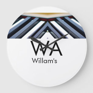 Black white piano keys add name initial letter mon large clock