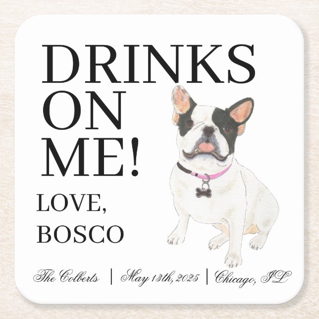Black White Pied Frenchie French Bulldog Wedding Square Paper Coaster (Front)