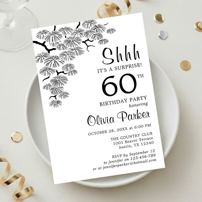 Black White Pine Branch Surprise 60th Birthday Invitation (Creator Uploaded)