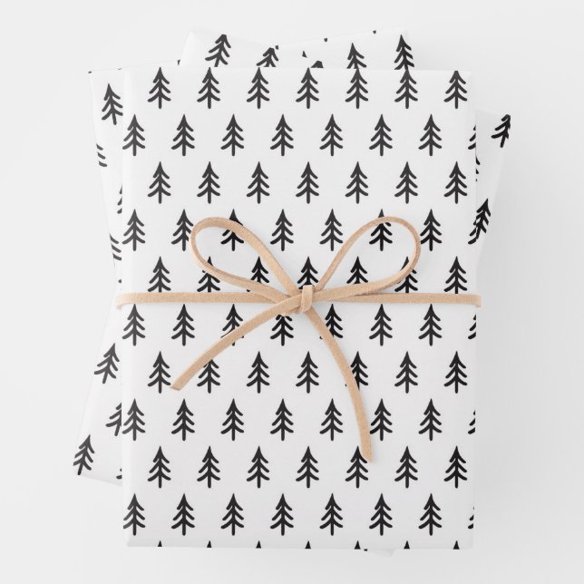 Black White Pine Tree Christmas Wrapping Paper (In situ)