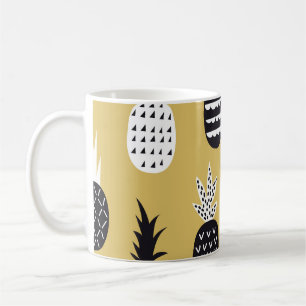Black, white pineapples, yellow background coffee mug