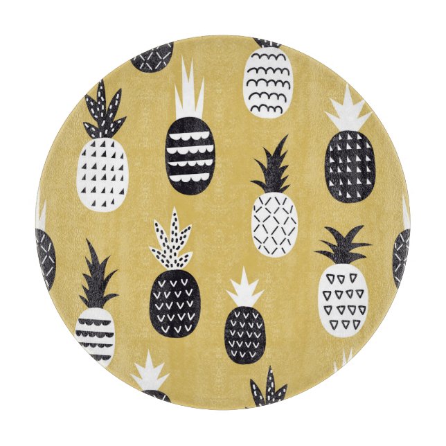 Black, white pineapples, yellow background cutting board (Front)