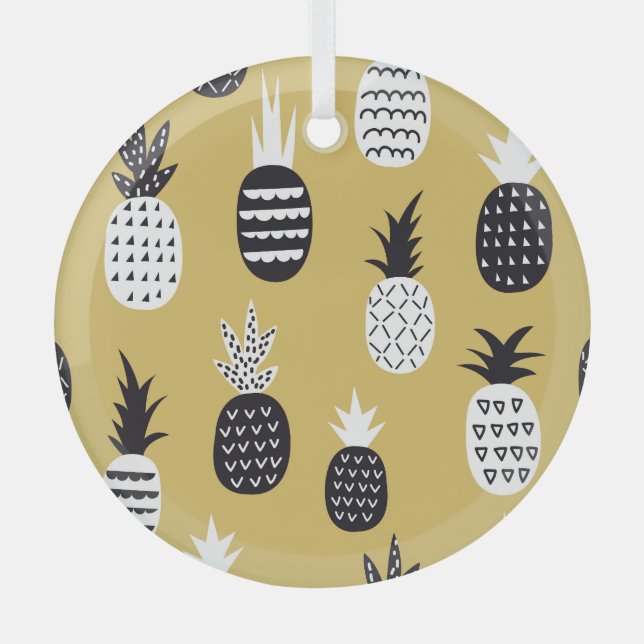 Black, white pineapples, yellow background glass tree decoration (Front)