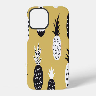 Black, white pineapples, yellow background iPhone 12 case