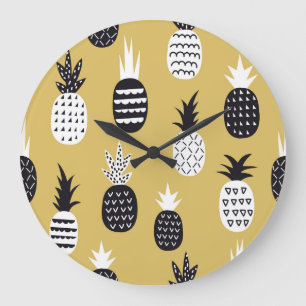 Black, white pineapples, yellow background large clock