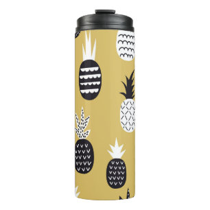 Black, white pineapples, yellow background thermal tumbler