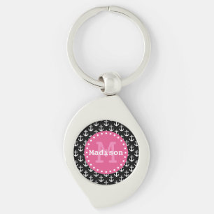 Black White Pink Anchor Pattern Monogram Key Ring
