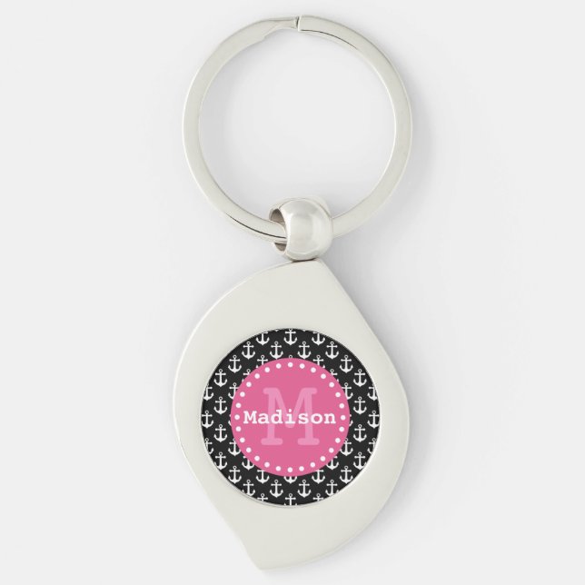 Black White Pink Anchor Pattern Monogram Key Ring (Front)