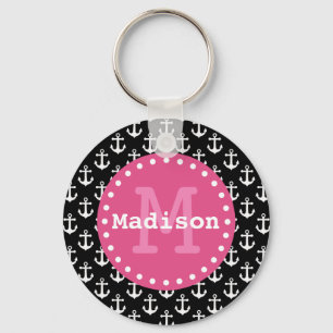 Black White Pink Anchor Pattern Monogram Key Ring