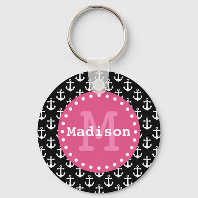 Black White Pink Anchor Pattern Monogram Key Ring (Front)