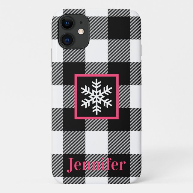Black, White, Pink Buffalo Plaid, Snowflake Case-Mate iPhone Case (Back)