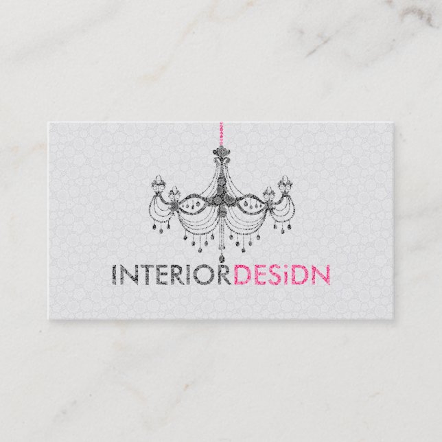 Black White & Pink Chandelier Interior Design Business Card (Front)