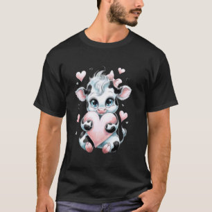 Black & White Pink Coquette Bow Cow Holding Heart T-Shirt