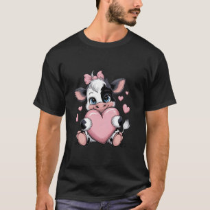Black & White Pink Coquette Bow Cow Holding Heart T-Shirt