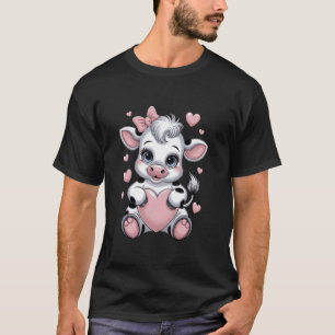 Black & White Pink Coquette Bow Cow Holding Heart T-Shirt