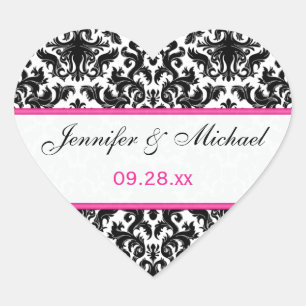 Black White Pink Damask 1.5" Wedding Sticker